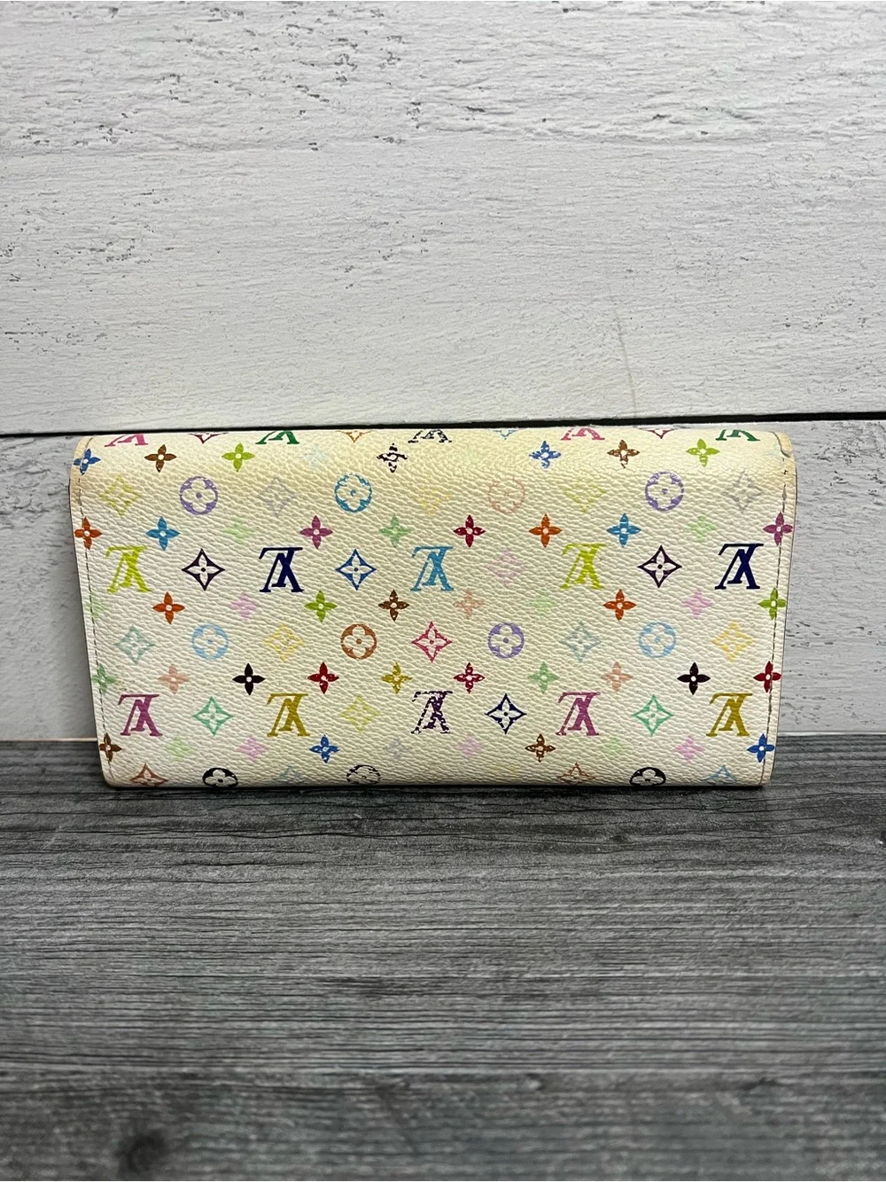 Authentic Louis Vuitton Murakami White Multicolor Monogram Canvas Sarah Wallet